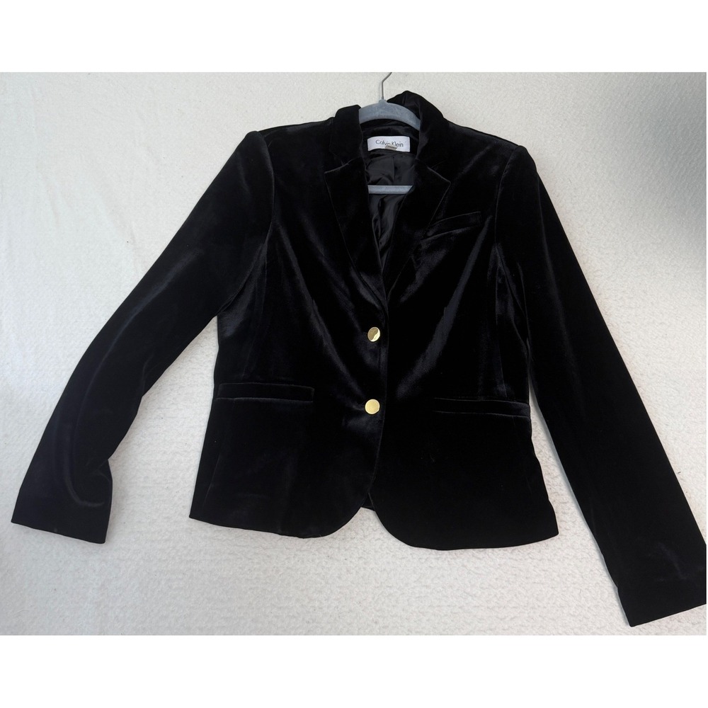 Calvin Klein Womens Black Velvet Blazer Gold Button Tailored Jacket Size 8